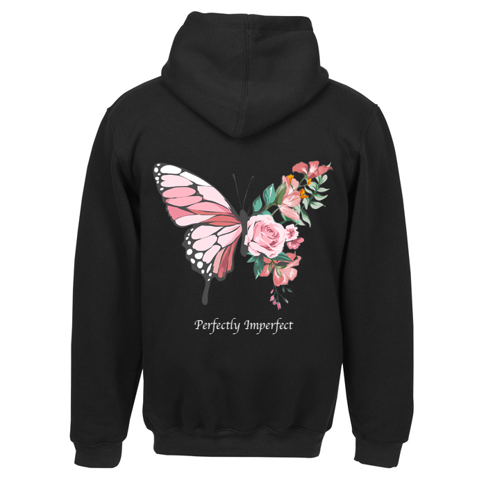 PS I Love You Mental Health Hoodie - a black hoodie with a colorful drawn image of a partial butterfly and partial flower.  The words below the image say Perfectly Imperfect